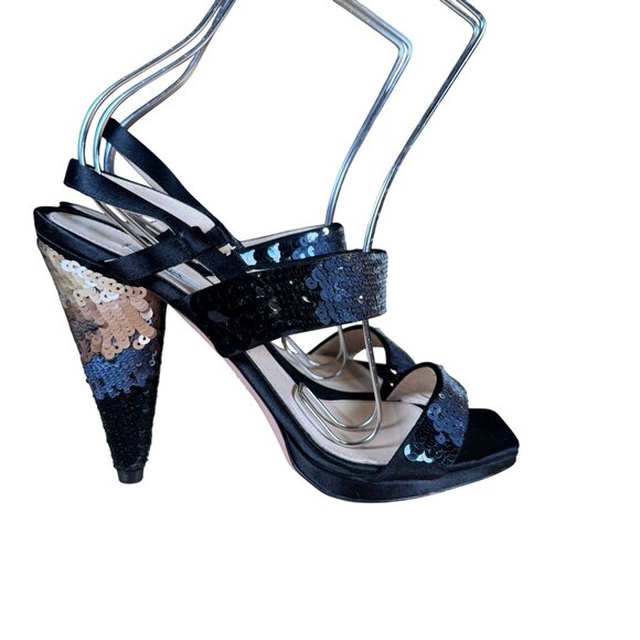 Prada Black Sequin Metallic Satin Strappy Sandals Heels Size 39 - Picture 1 of 10